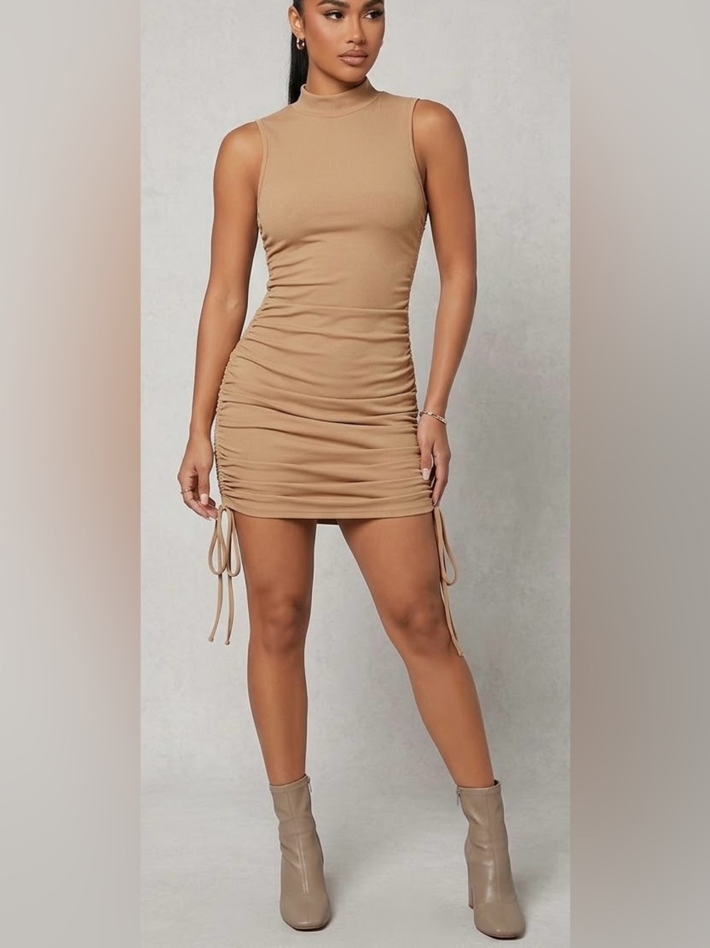 Style Rack Tan Mock Neck Ruched Mini Dress